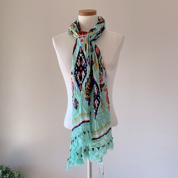 Vera Bradley soft fringe scarf Pueblo 💯 viscose multi color Aztec mint green - Picture 7 of 17